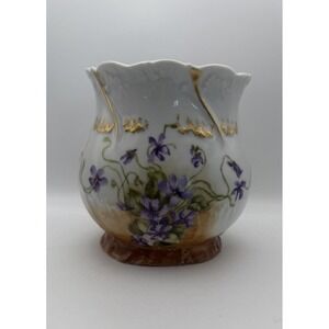 Vintage Limoges France Hand Painted Violet Floral Porcelain Vase Gold Trim